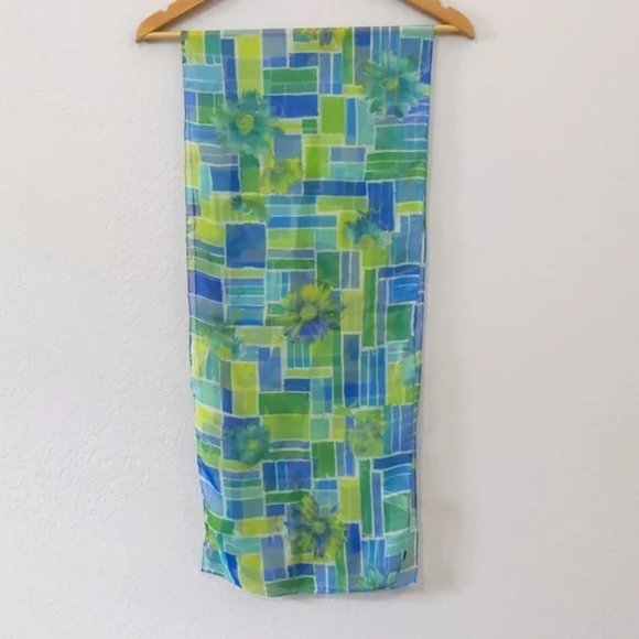 Floral & Geometric Print Sheer Scarf, Blue / Green / Gold, 61" x 12" - Picture 3 of 7